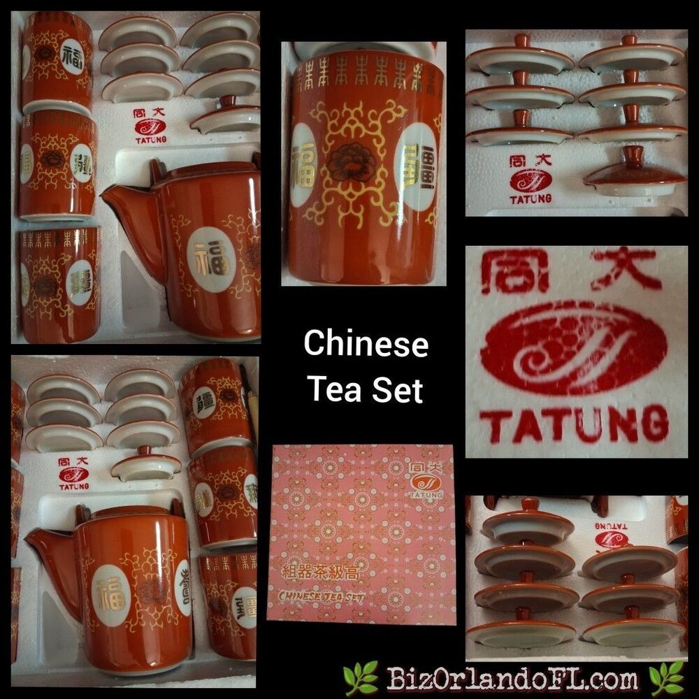 VINTAGE: Tatung Chinese Porcelain Tea Set / Red & Gold Design Cups & Teapot NIB